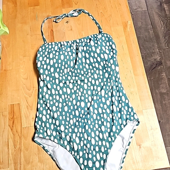 Kona Sol Teal and White Polka Dot One Piece Swimsuit - Picture 1 of 6